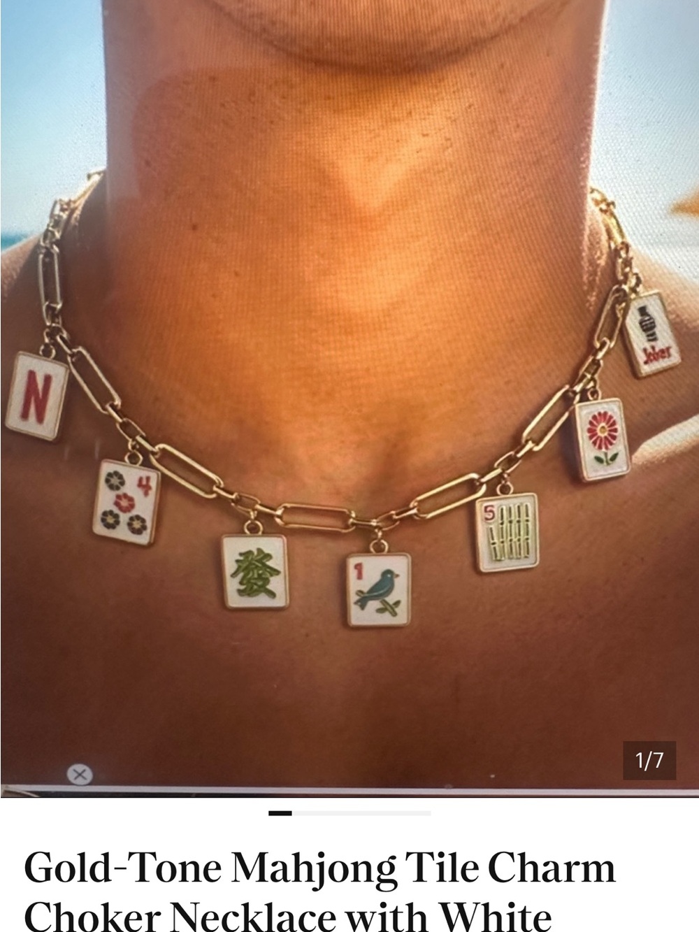Gold-Tone Mahjong Tile Charm Choker Necklace - White Enamel tiles, new